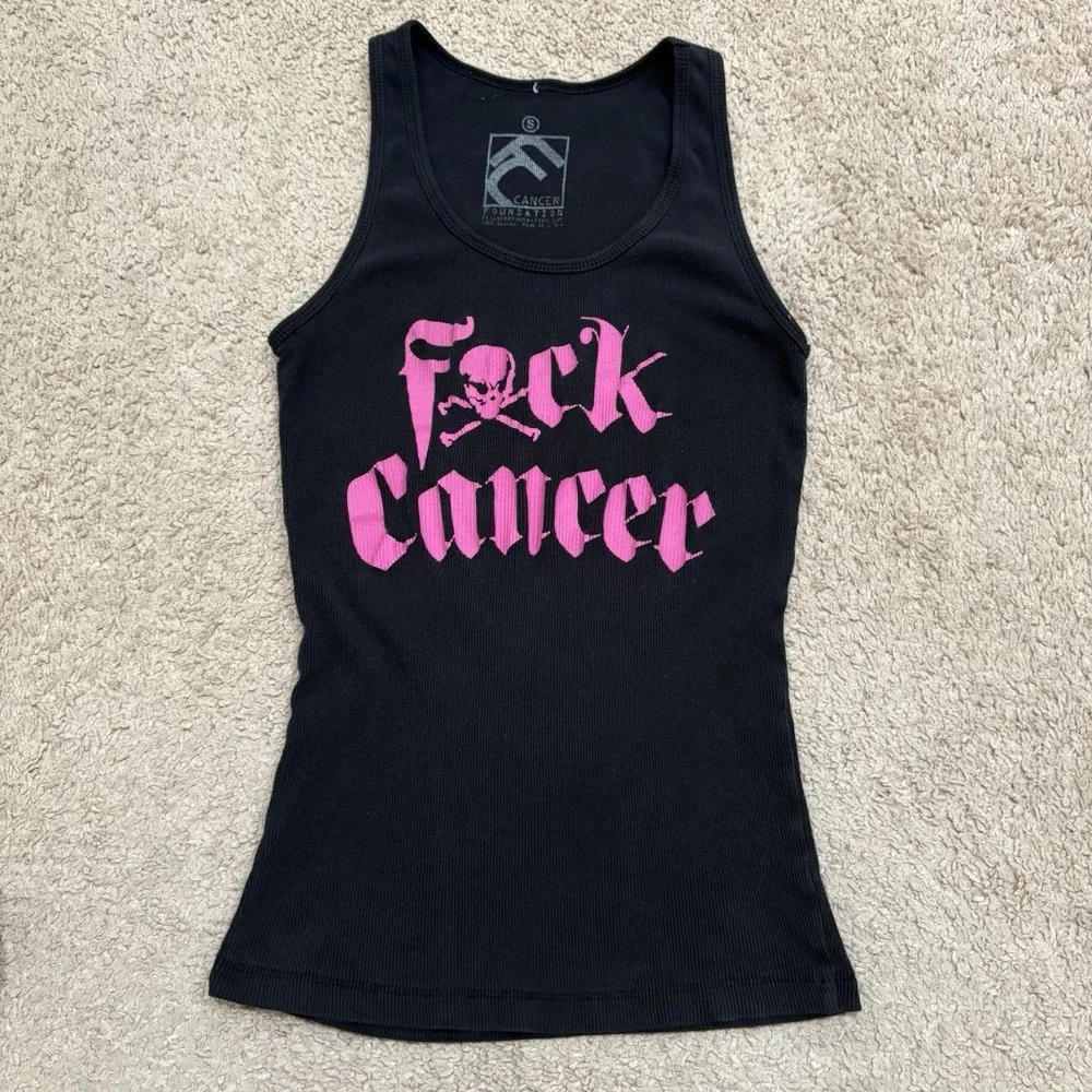 Y2K F*ck Cancer Skull Grunge Tank Top Shirt Women's Small Blank Pink Emo